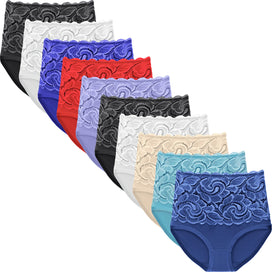 Combi | pack | Overzicht 10-pak in verschillende kleuren, combi – Fine Woman 10-pak dames hoge taille slips met kant - Katoen