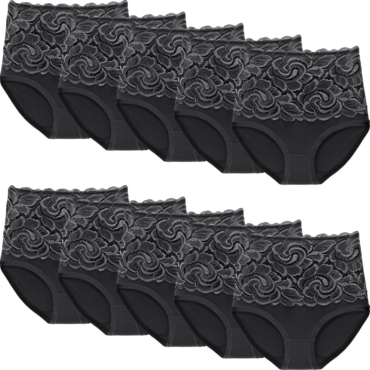 Zwart | pack | Overzicht 10-pak, zwart – Fine Woman 10-pak dames hoge taille slips met kant - Katoen