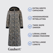Beige panter | detail | Overzicht kenmerken: capuchon, rits, zakken en lengte, beige panter – Gaubert extra lange dames badjas met rits en capuchon - Panterprint