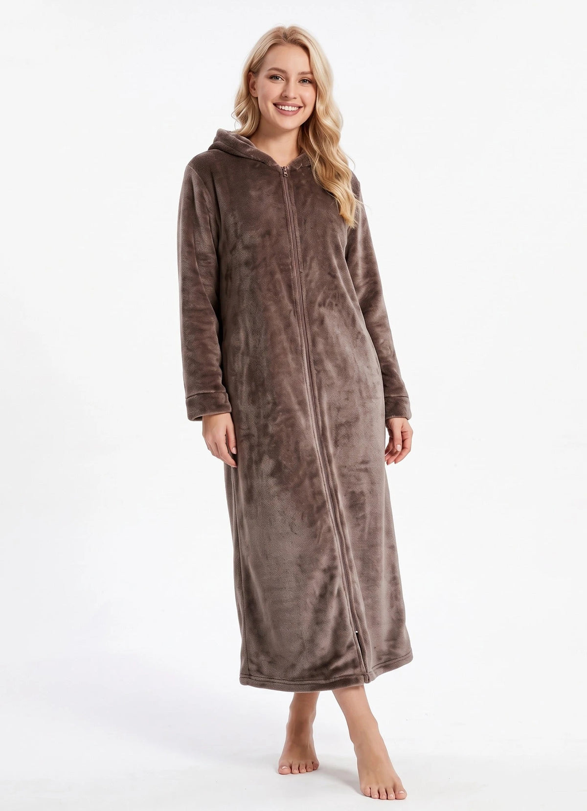 Koffie | voor | Vooraanzicht, koffie – Gaubert extra lange dames badjas fleece - Met rits