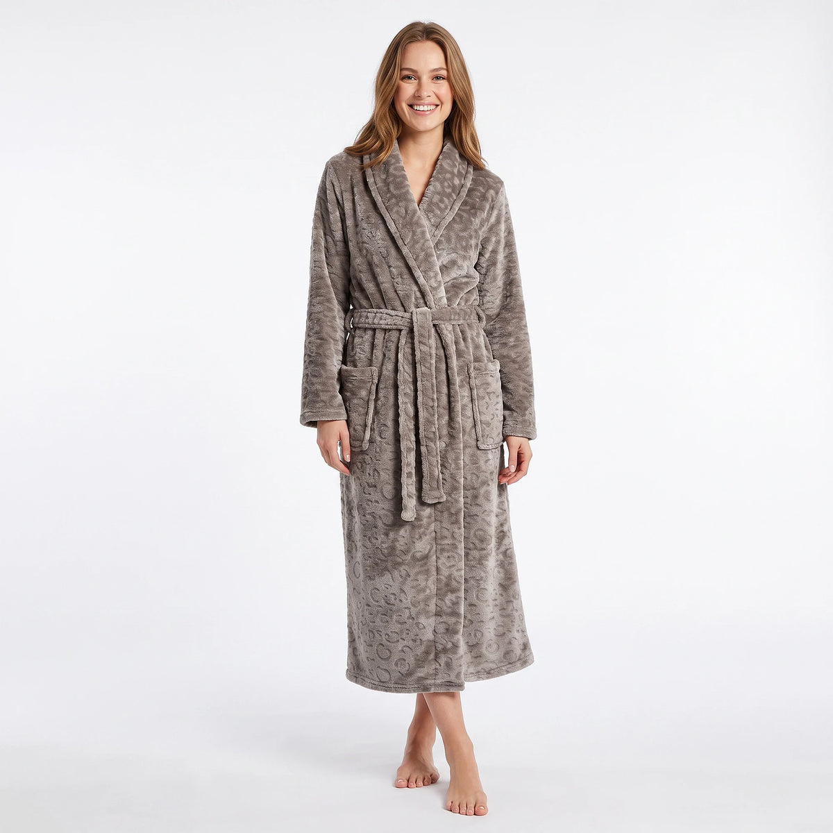 Gaubert unisex badjas extra lang met sjaalkraag - Reliëf panterprint taupe