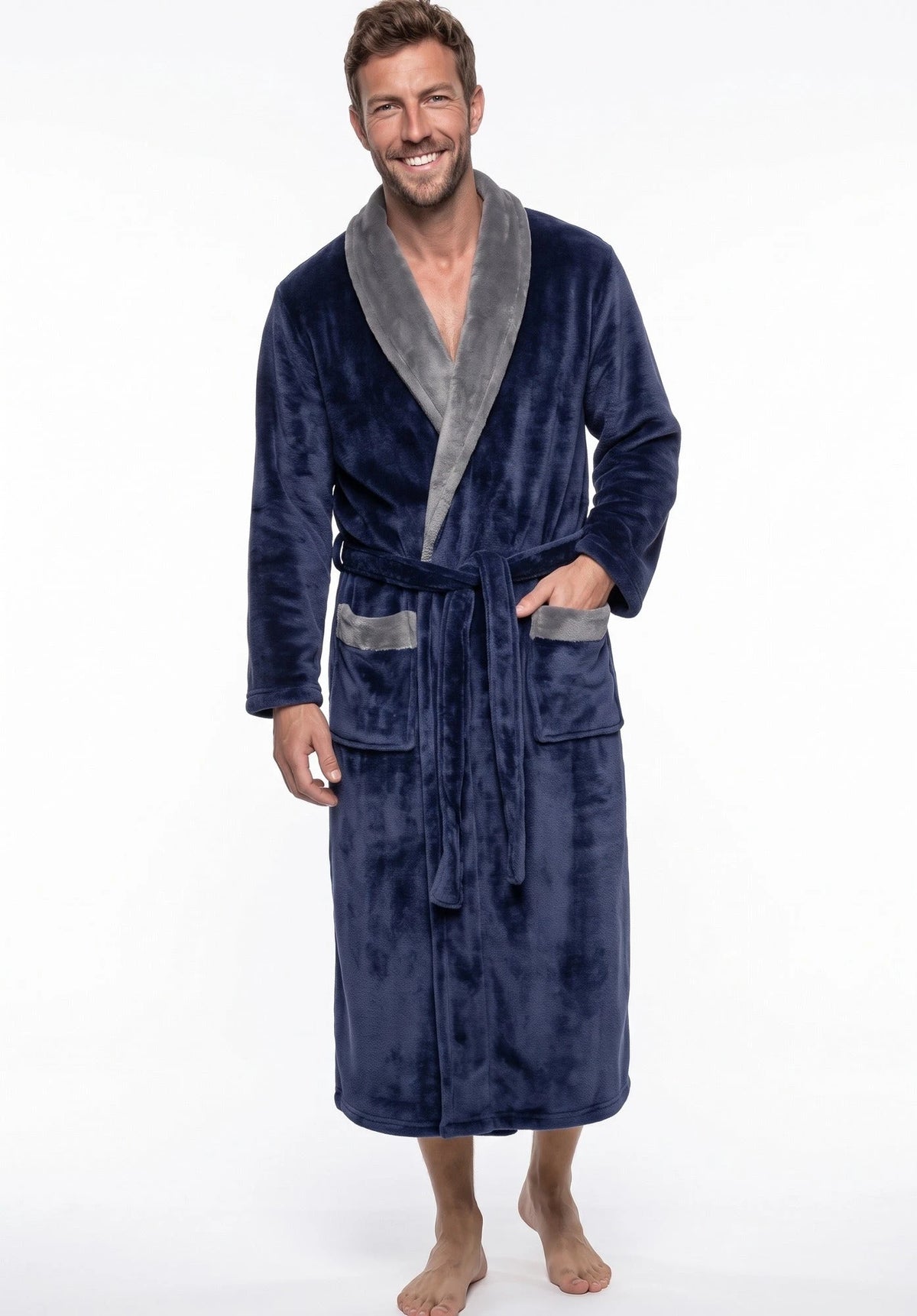 Blauw | voor | Vooraanzicht, blauw – Gaubert Heren badjas Fleece - Sjaalkraag
