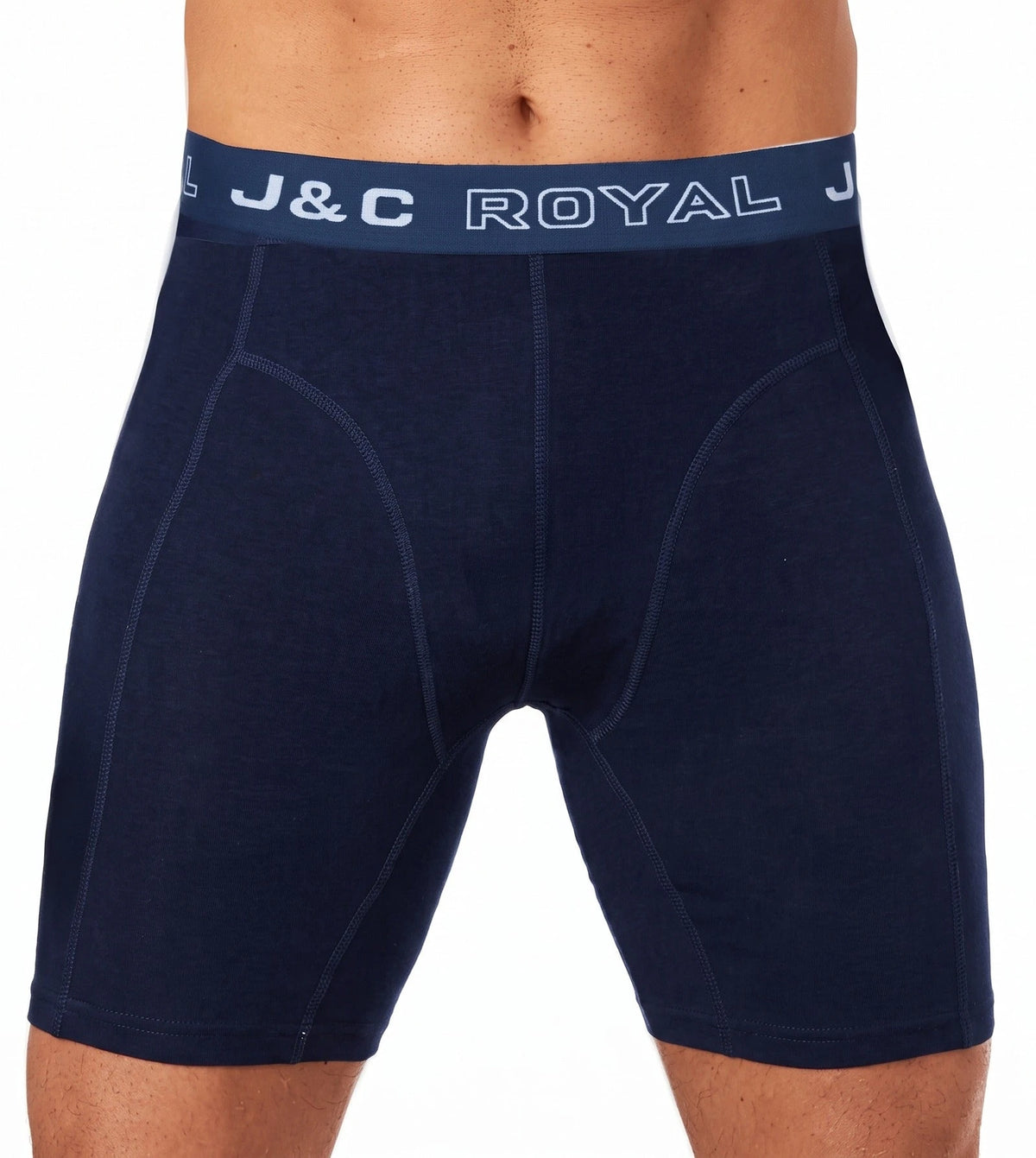 Donkerblauw | voor | Vooraanzicht op model, donkerblauw – J&C Heren boxershort - extra lange pijpjes - Modal