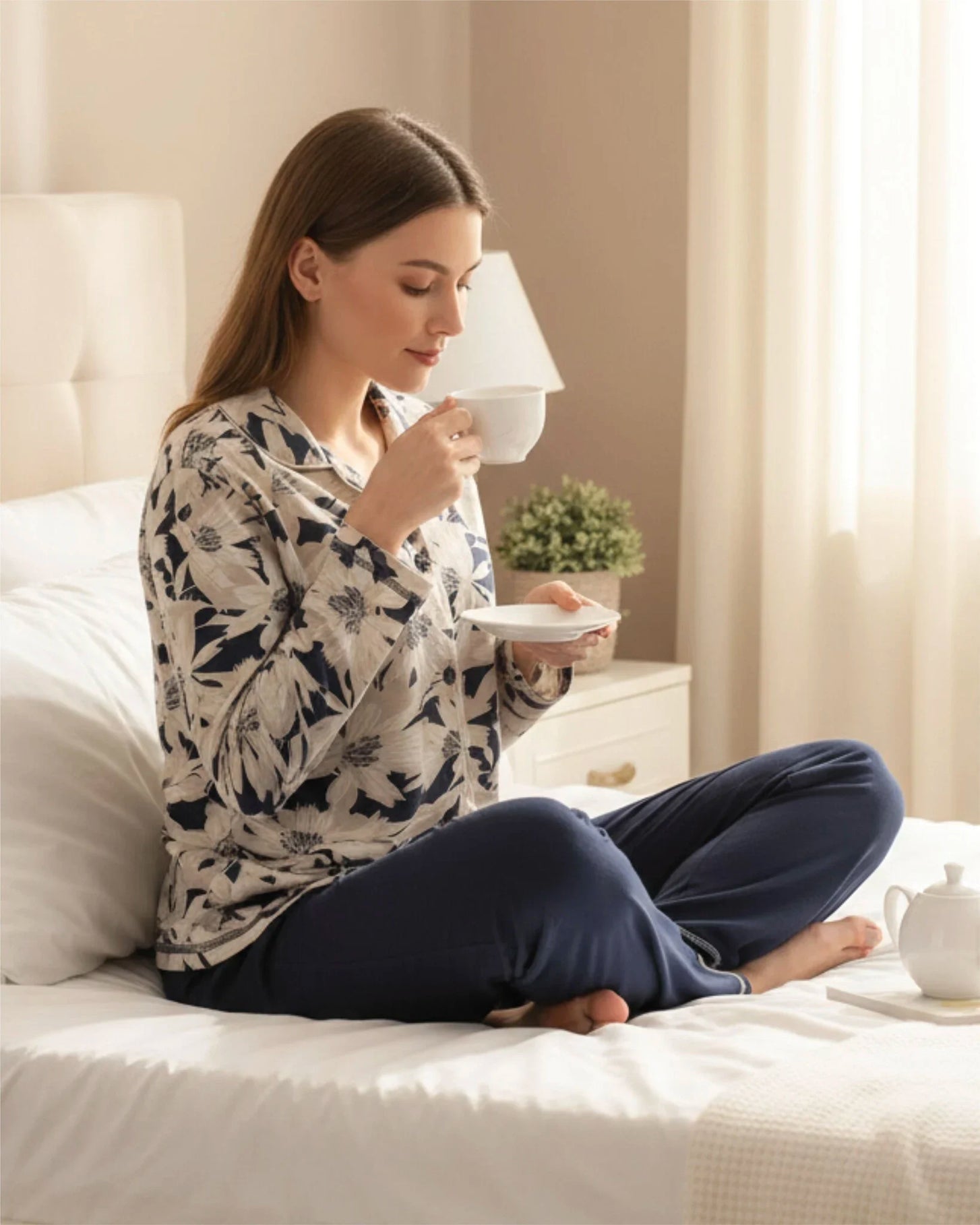 Jorn Cocks Medaillion dames pyjama - Doorknoop knoopsluiting - Blue flower