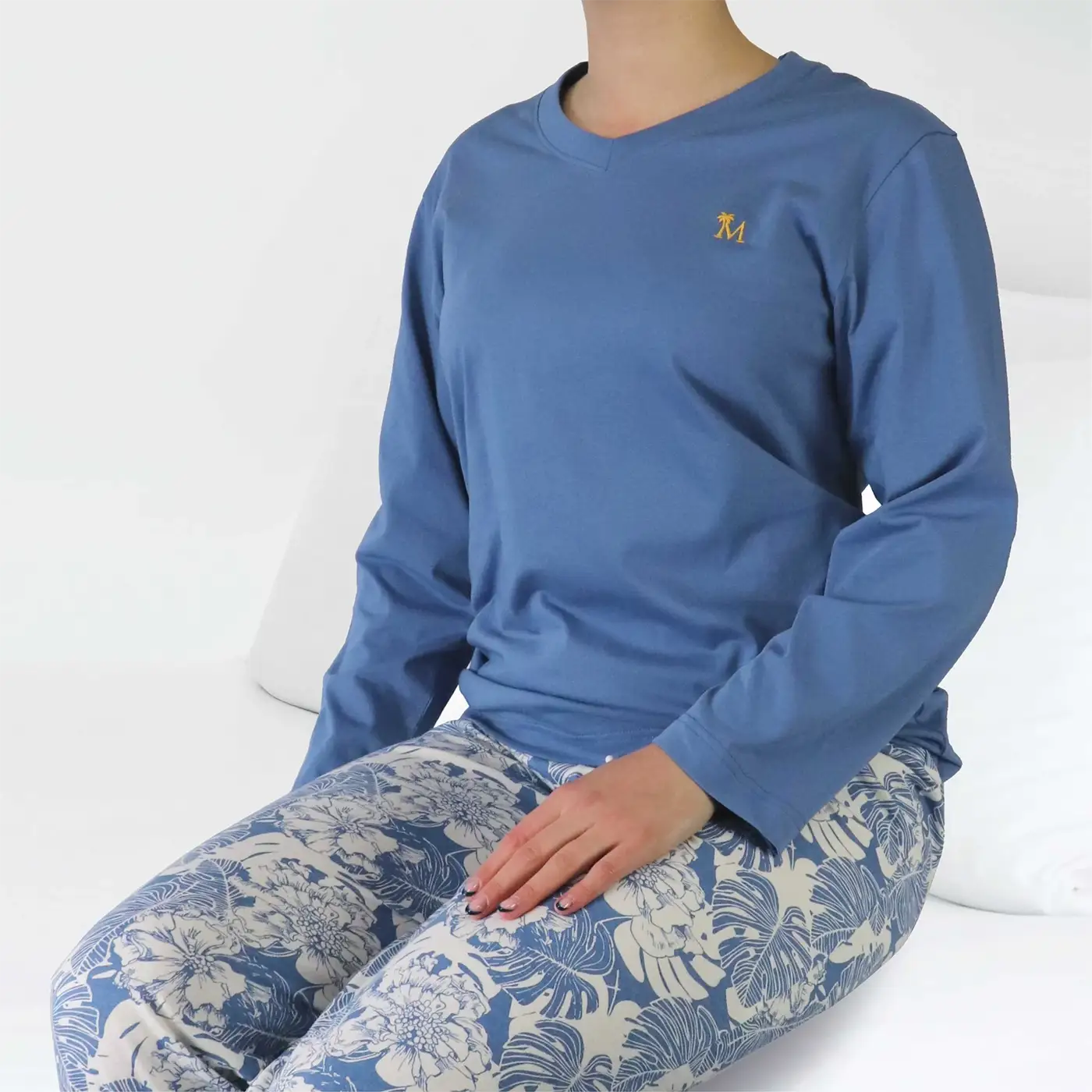 Jorn Cocks Medaillion katoenen dames pyjama lange mouw - Blauwe bloem