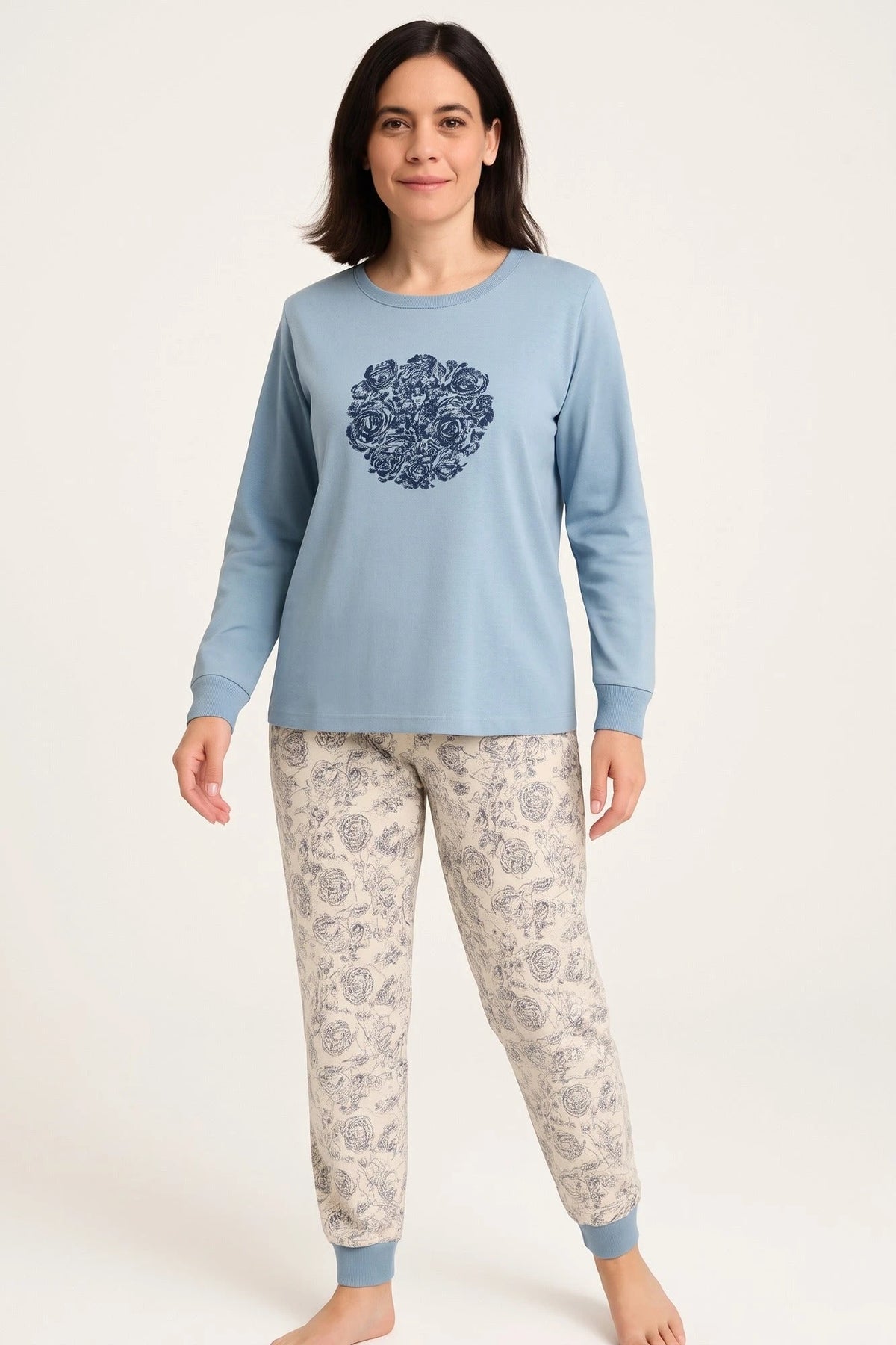 Jorn Cocks Medaillion katoenen dames pyjama lange mouw - Grey Flower
