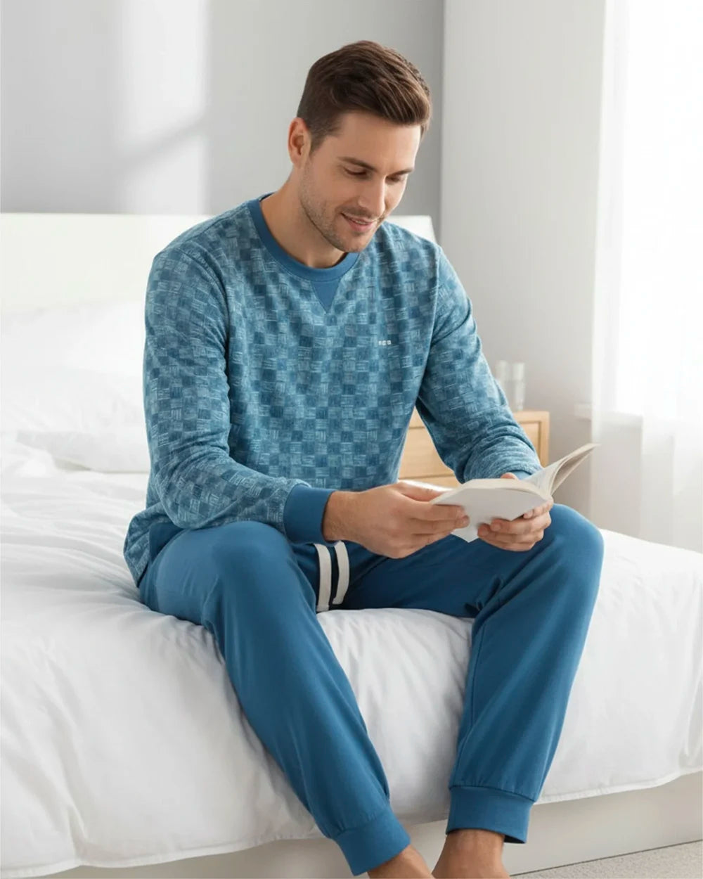 Jorn Cocks M.E.Q. Heren pyjama lange mouwen katoen - Aqua Squares