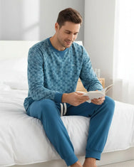Jorn Cocks M.E.Q. Heren pyjama lange mouwen katoen - Aqua Squares