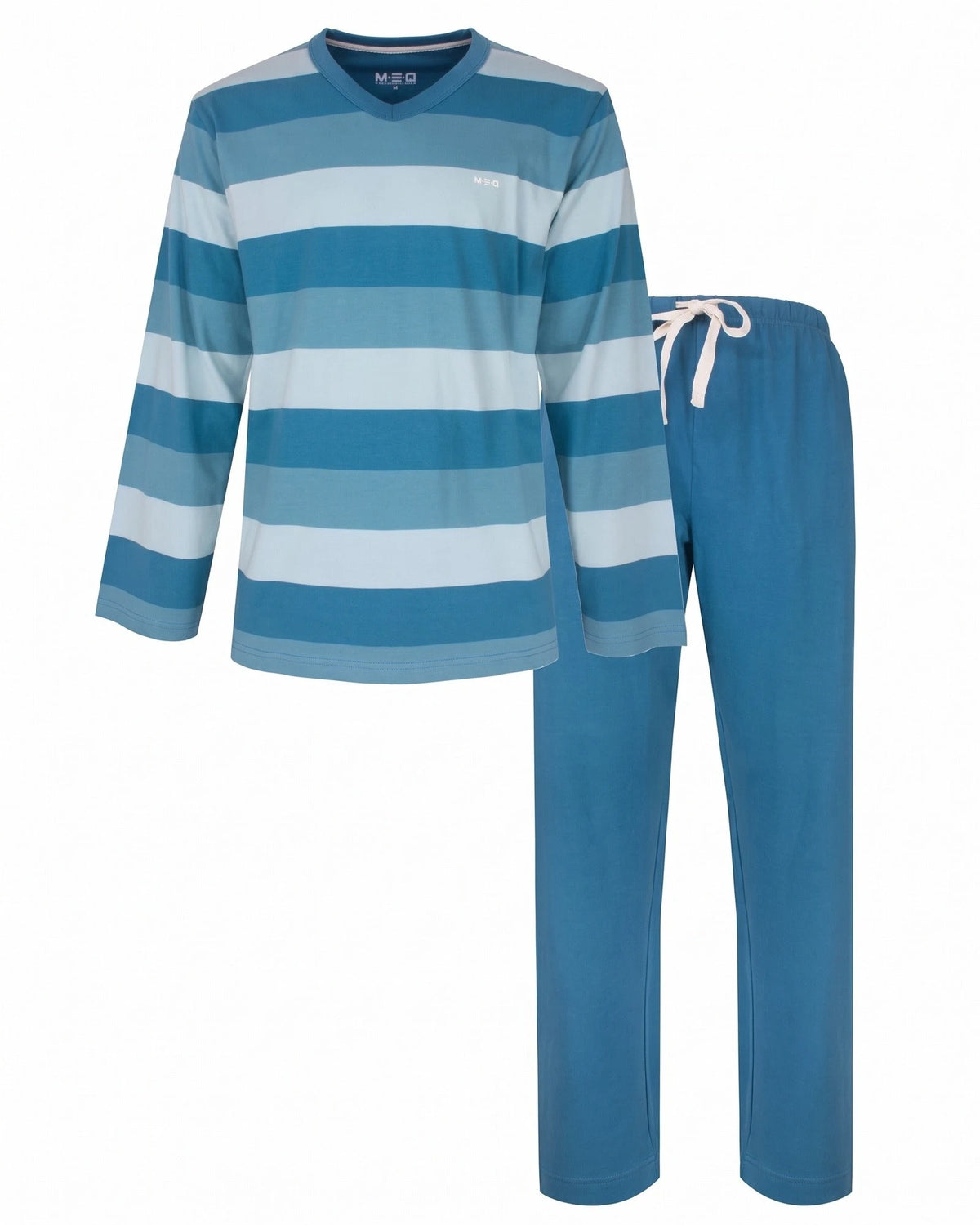 Jorn Cocks M.E.Q. Heren pyjama lange mouwen katoen V-hals - Aqua blue