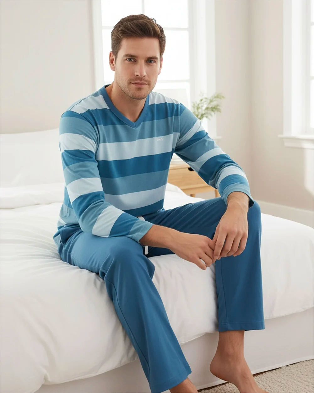 Jorn Cocks M.E.Q. Heren pyjama lange mouwen katoen V-hals - Aqua blue