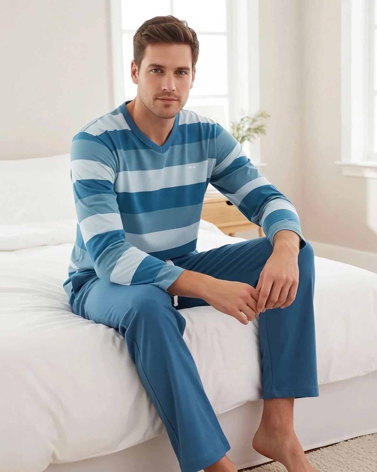 Jorn Cocks M.E.Q. Heren pyjama lange mouwen katoen V-hals - Aqua blue