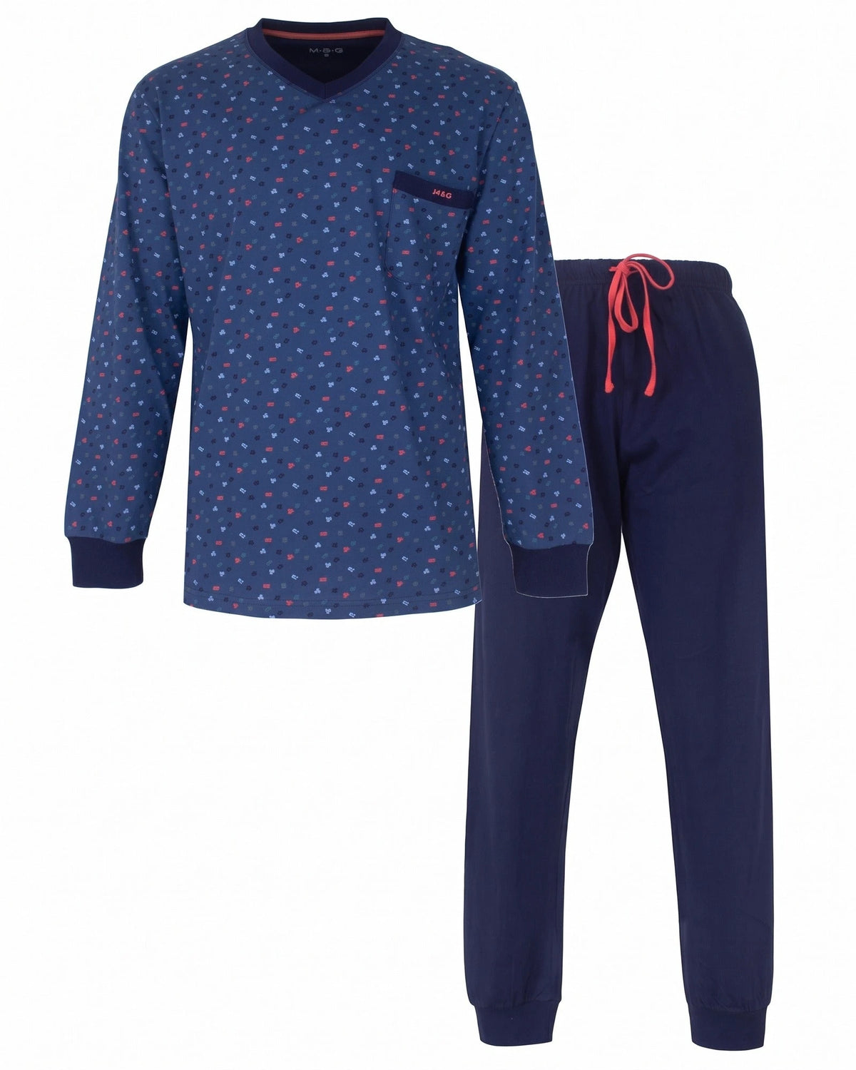 Jorn Cocks M.E.Q. Heren pyjama lange mouwen katoen V-hals - Blue logo