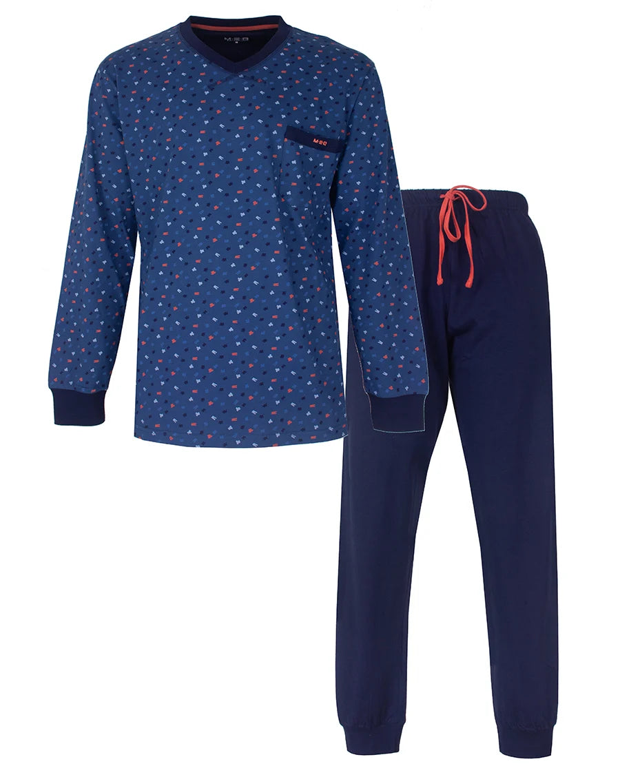Jorn Cocks M.E.Q. Heren pyjama lange mouwen katoen V-hals - Blue logo