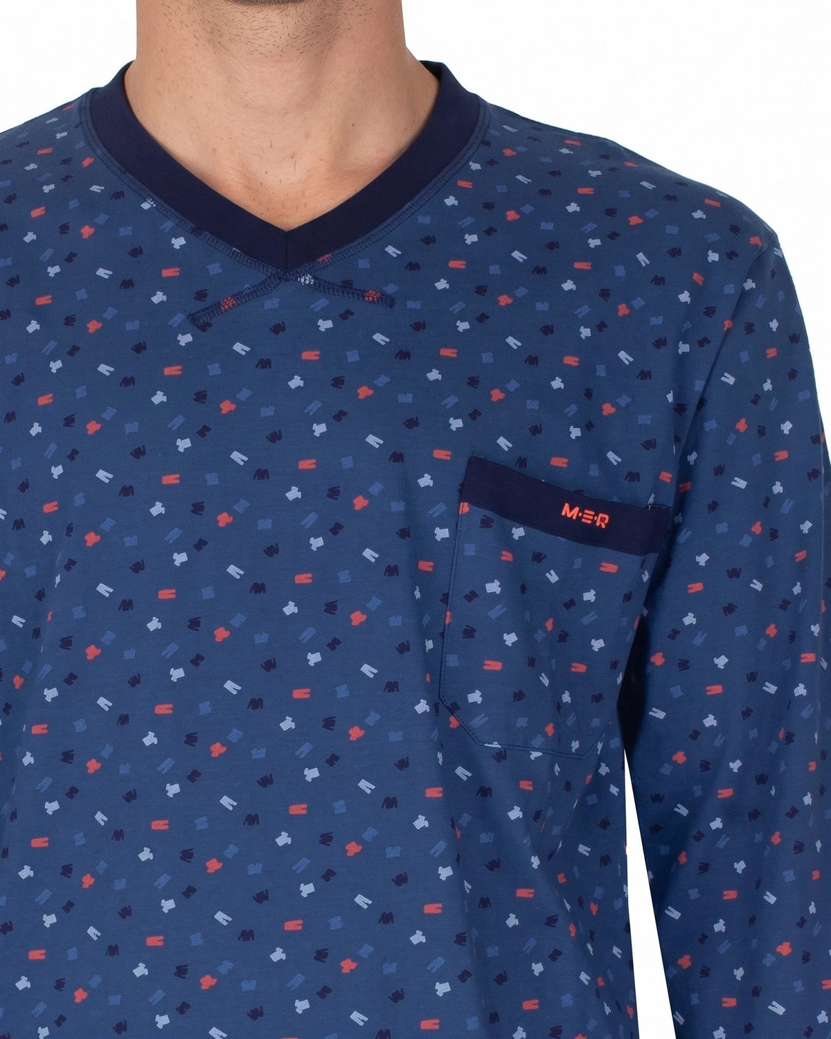 Jorn Cocks M.E.Q. Heren pyjama lange mouwen katoen V-hals - Blue logo