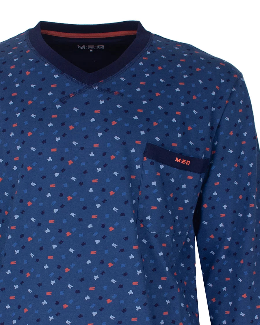 Jorn Cocks M.E.Q. Heren pyjama lange mouwen katoen V-hals - Blue logo