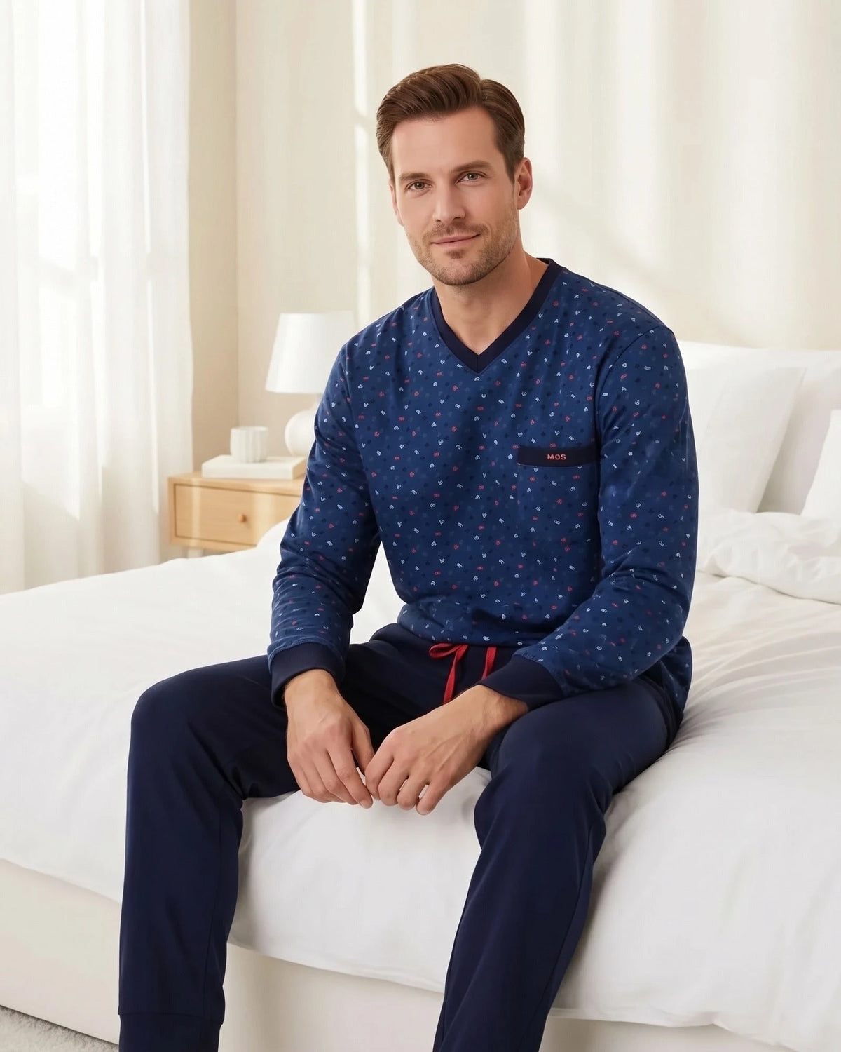 Jorn Cocks M.E.Q. Heren pyjama lange mouwen katoen V-hals - Blue logo