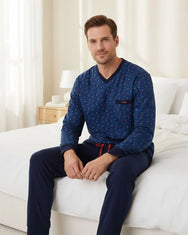 Jorn Cocks M.E.Q. Heren pyjama lange mouwen katoen V-hals - Blue logo