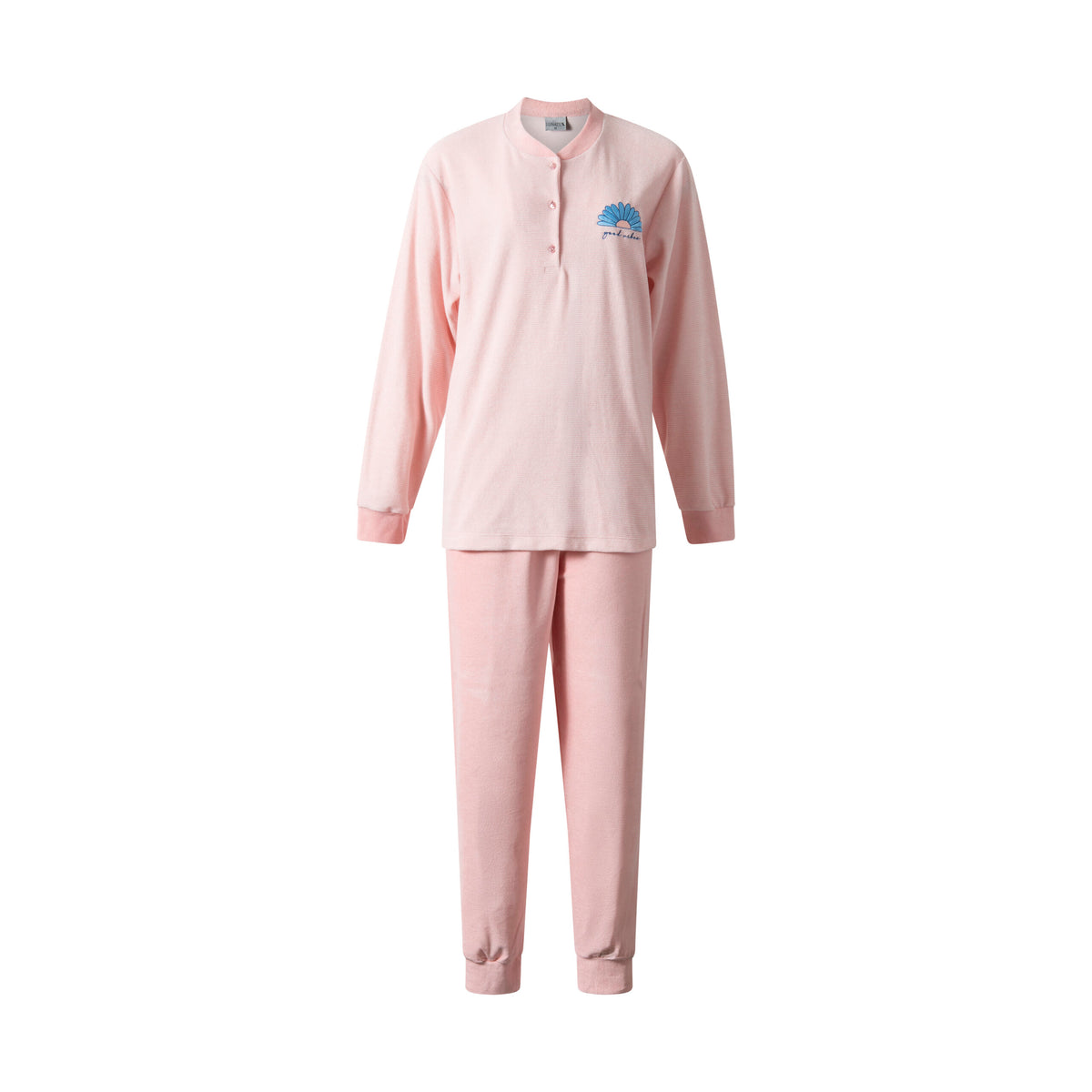 Roze | packshot | Packshot met borduursel op de borst, roze – Lunatex badstof dames pyjama lange mouwen - Effen