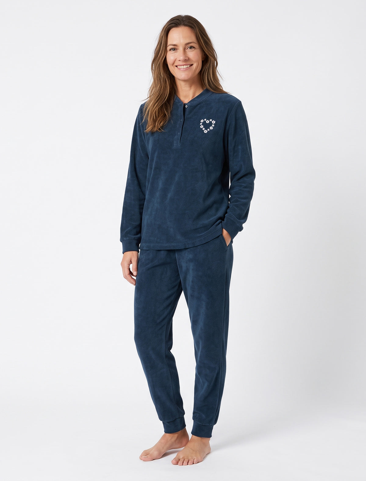 Lunatex badstof dames pyjama lange mouwen - Donkerblauw