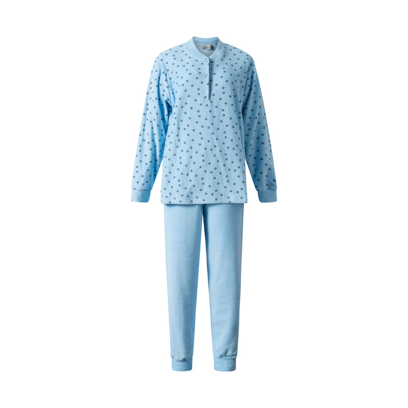 Blauw | packshot | Packshot shirt met bloemetjesprint en effen broek, blauw – Lunatex badstof dames pyjama lange mouwen - Bloemetjes