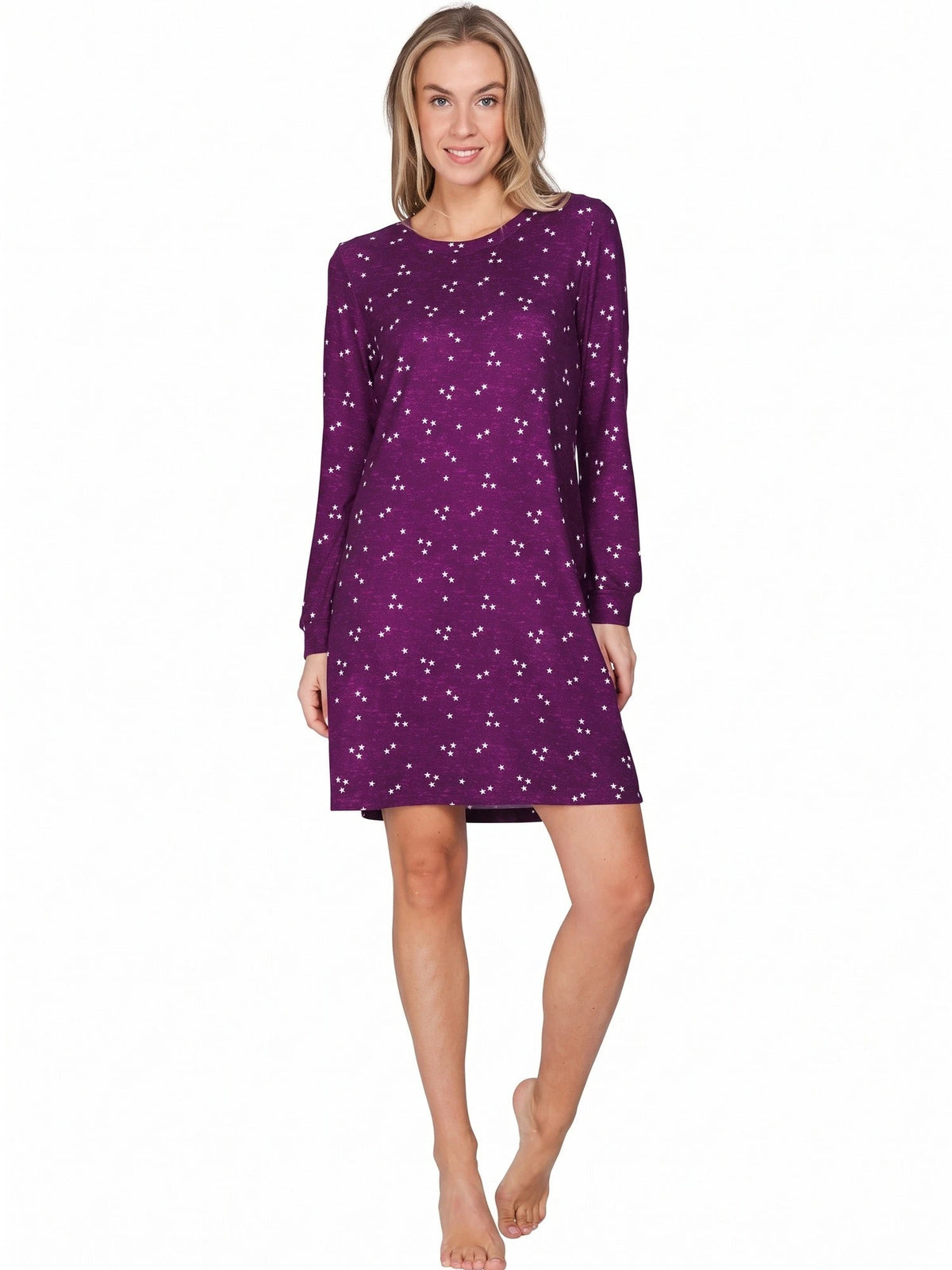 Rebelle Fleece dames nachthemd lange mouw - Purple stars