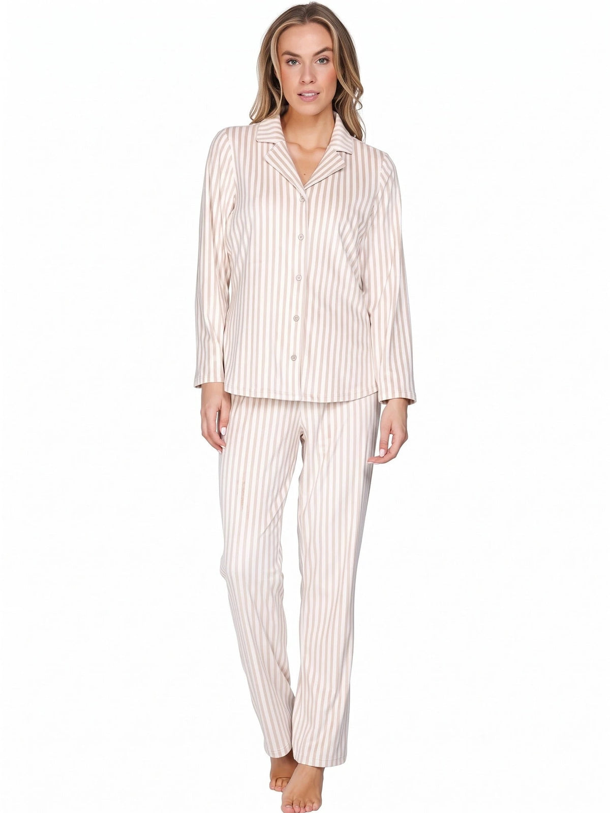 Creme | voor | Vooraanzicht, creme – Pastunette Dames Pyjama met knoopsluiting - creme streep