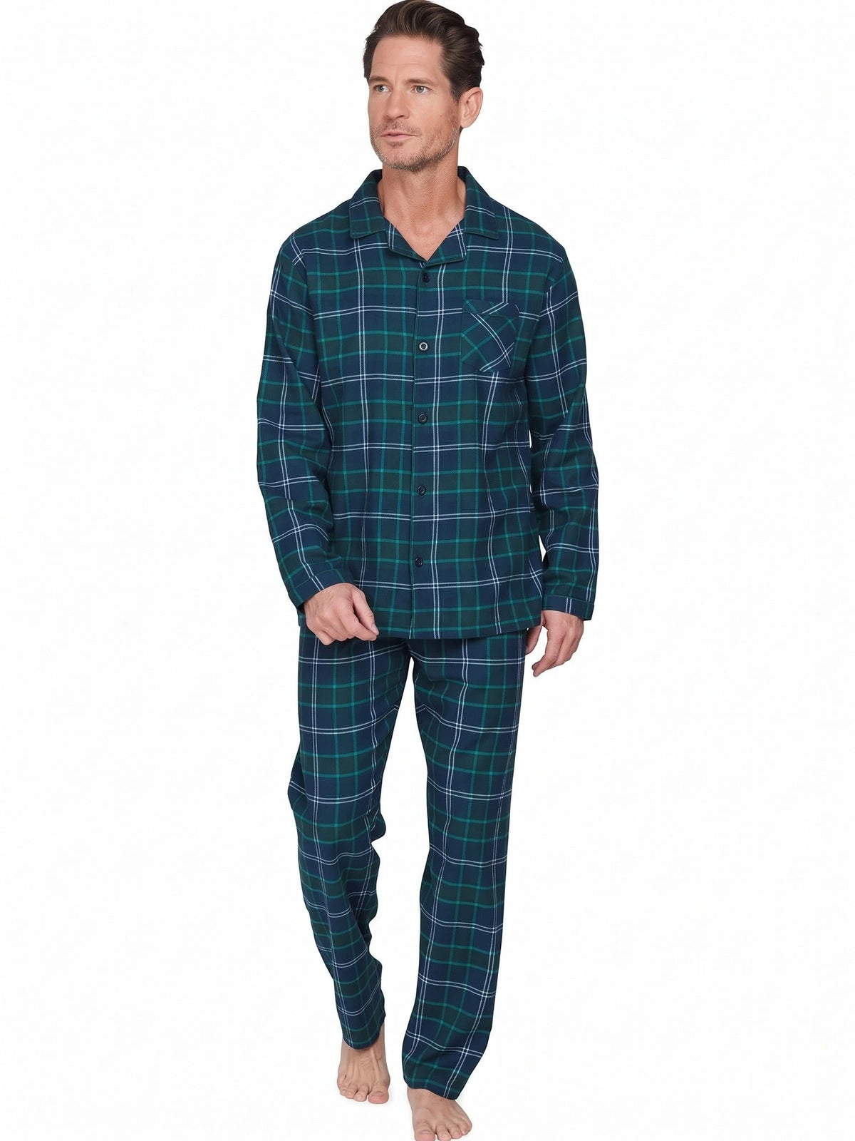 Donkerblauw | voor | Vooraanzicht, donkerblauw – Pastunette Flanellen Heren Pyjama met knoopsluiting - Darkblue