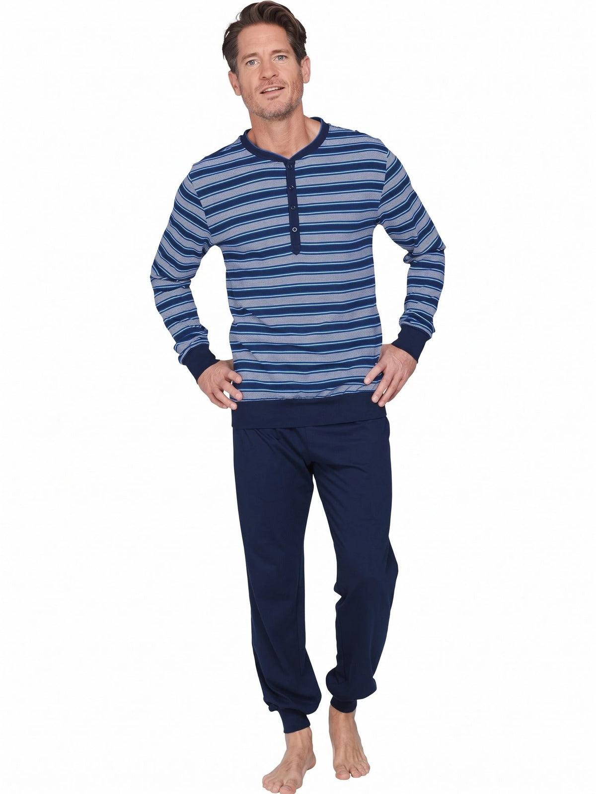 Donkerblauw | voor | Vooraanzicht, donkerblauw – Pastunette katoenen Heren pyjama lange mouwen - Darkblue