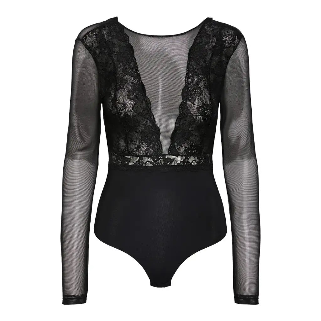 Pieces Pieces kanten body lange mouw zwart- Sicca Bodystocking