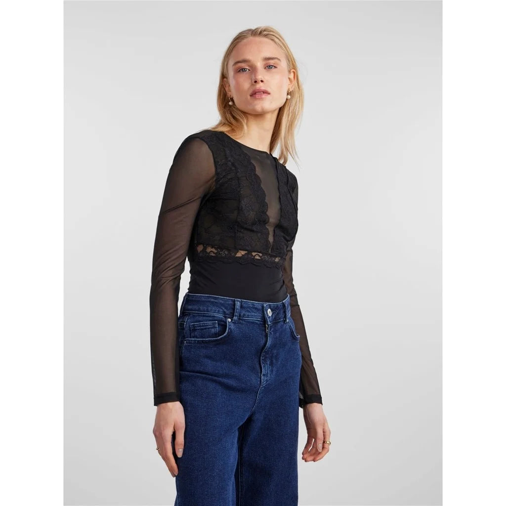 Pieces Pieces kanten body lange mouw zwart- Sicca Bodystocking