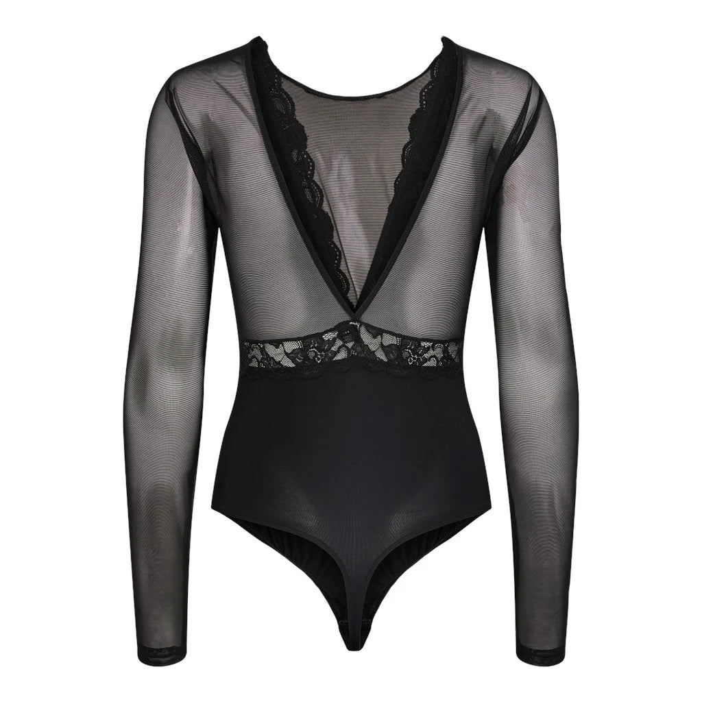 Pieces Pieces kanten body lange mouw zwart- Sicca Bodystocking