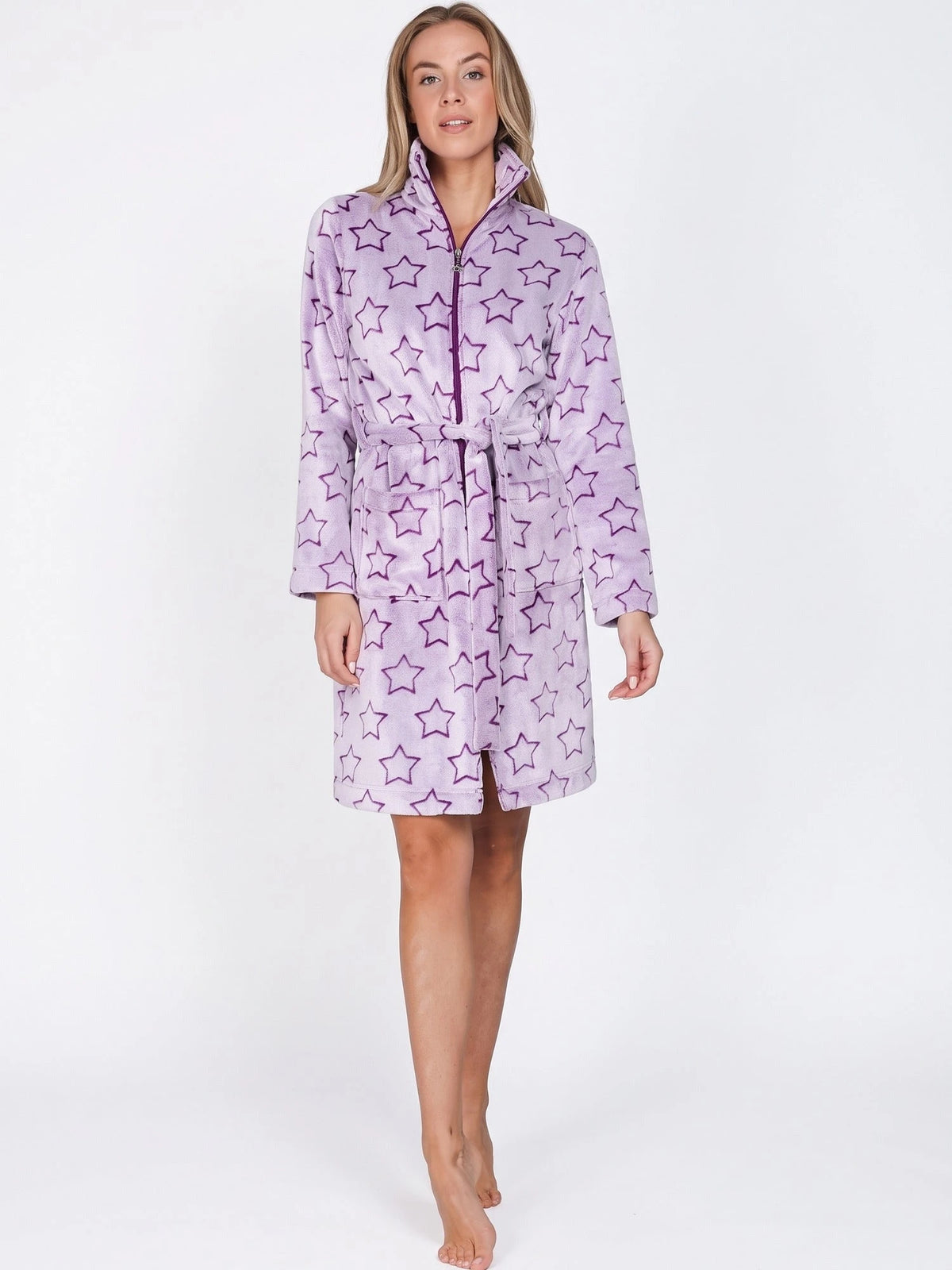 Rebelle Fleece dames Badjas met Rits - Purple stars