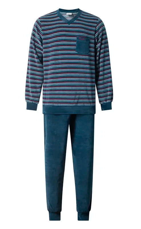 Sliponline Gentlemen Velours heren pyjama - Vhals - Streep