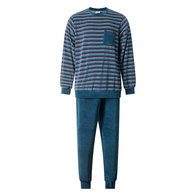 Sliponline Gentlemen Warme heren pyjama velours - Rondehals - Streep