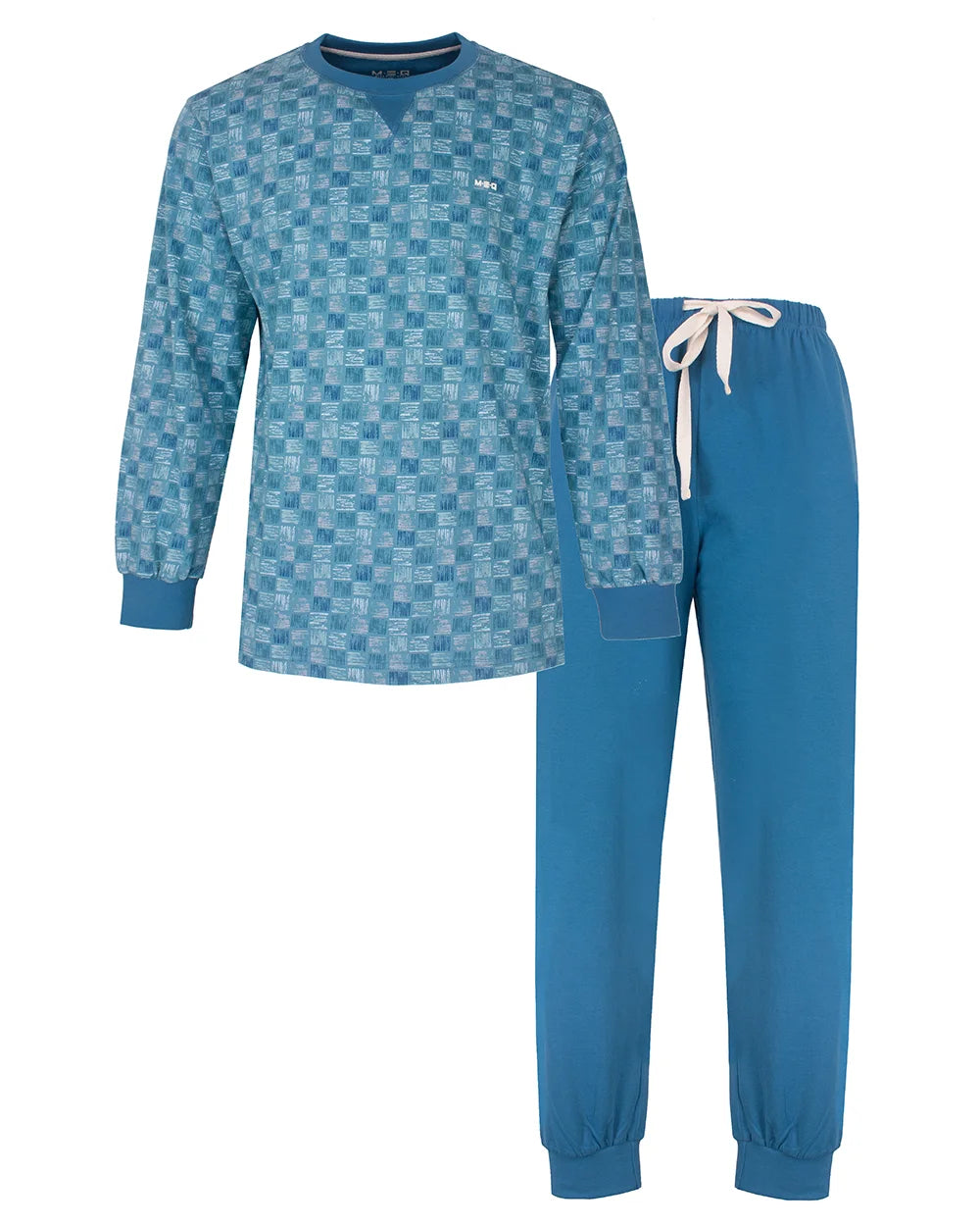 Sliponline M.E.Q. Heren pyjama lange mouwen katoen - Aqua Squares