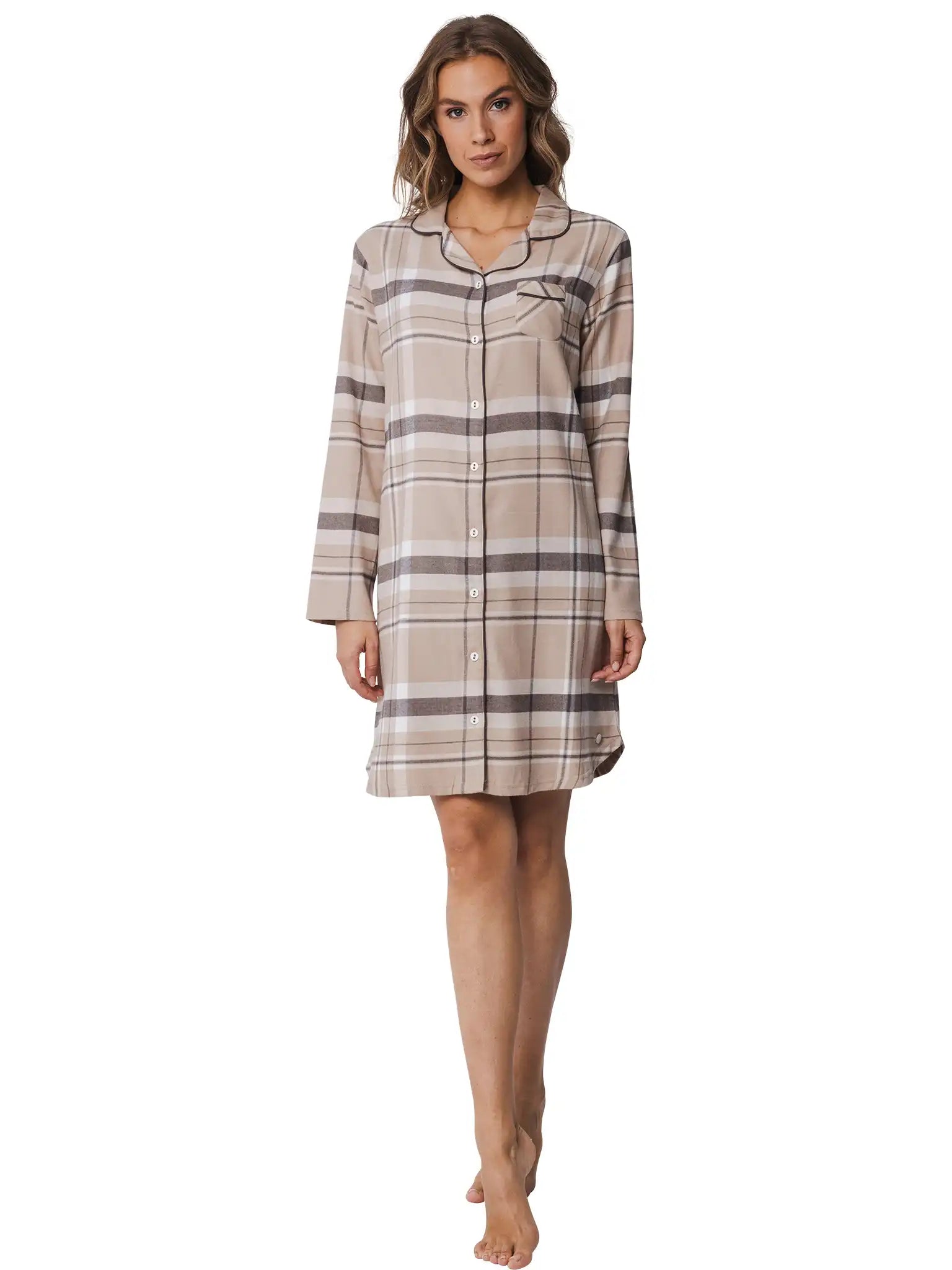 Sliponline Pastunette flanellen dames nachthemd - Light beige