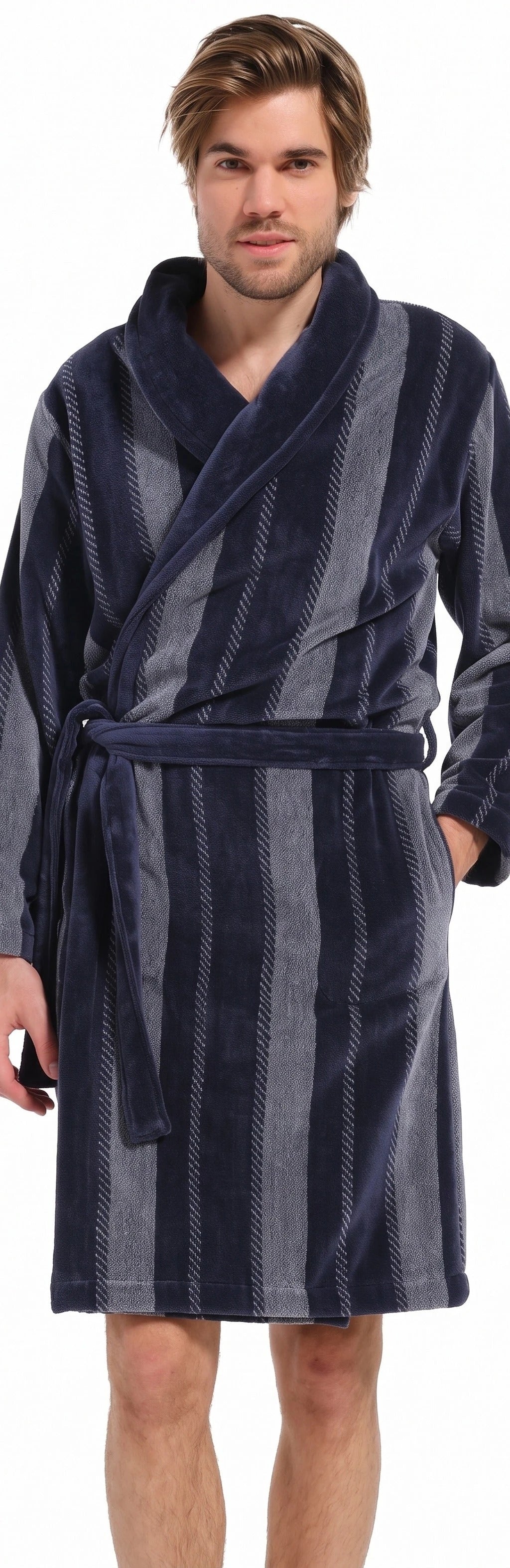 Sliponline Pastunette heren badjas Velours - 115CM - Blue Stripe