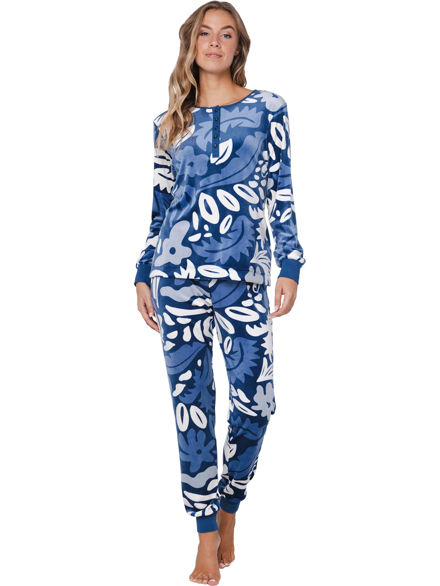 Sliponline Pastunette velours dames pyjama warm - Blue Bloom