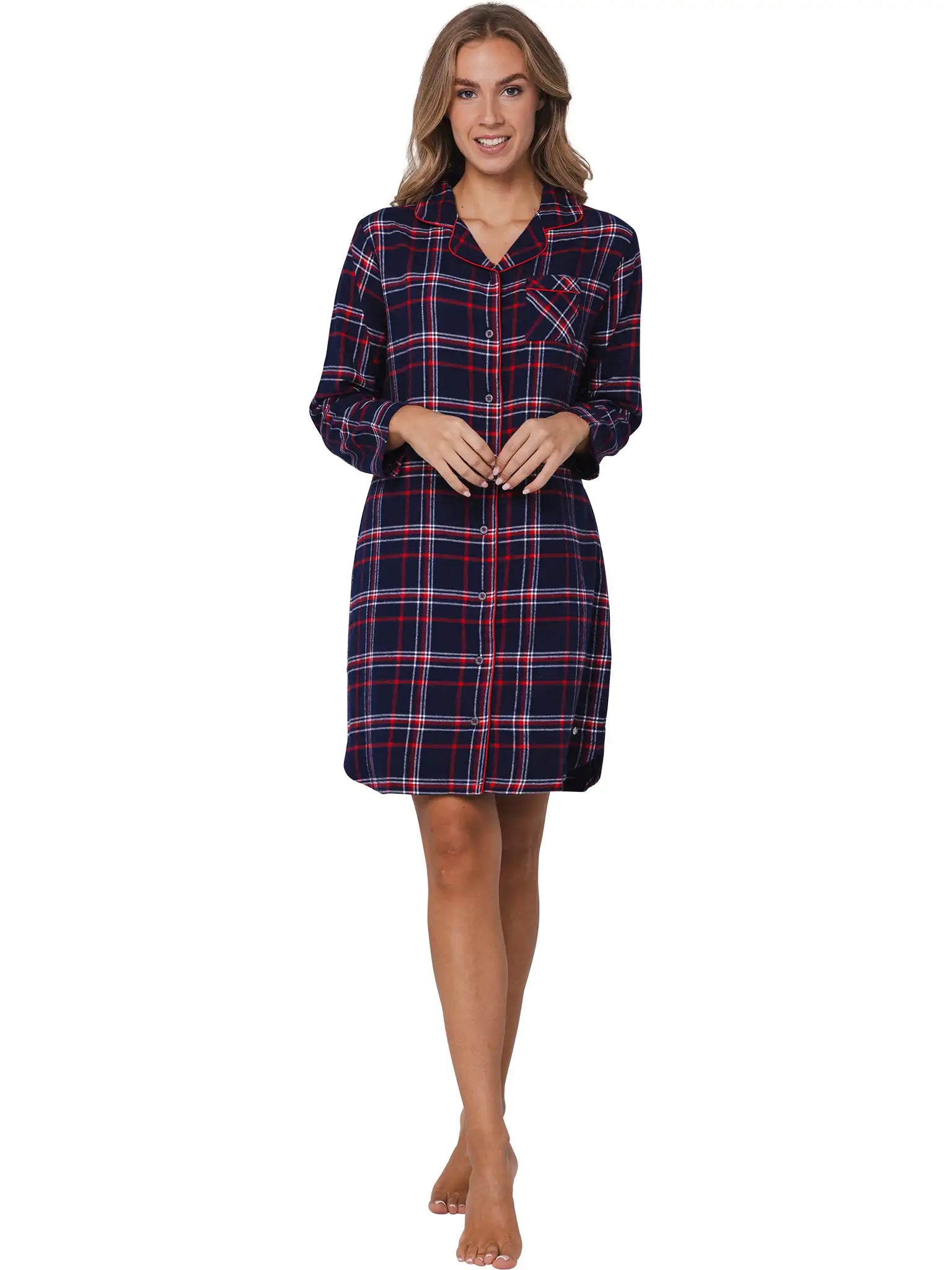 Sliponline Rebelle dames nachthemd Flanel met knoopsluiting- Donkerblauw