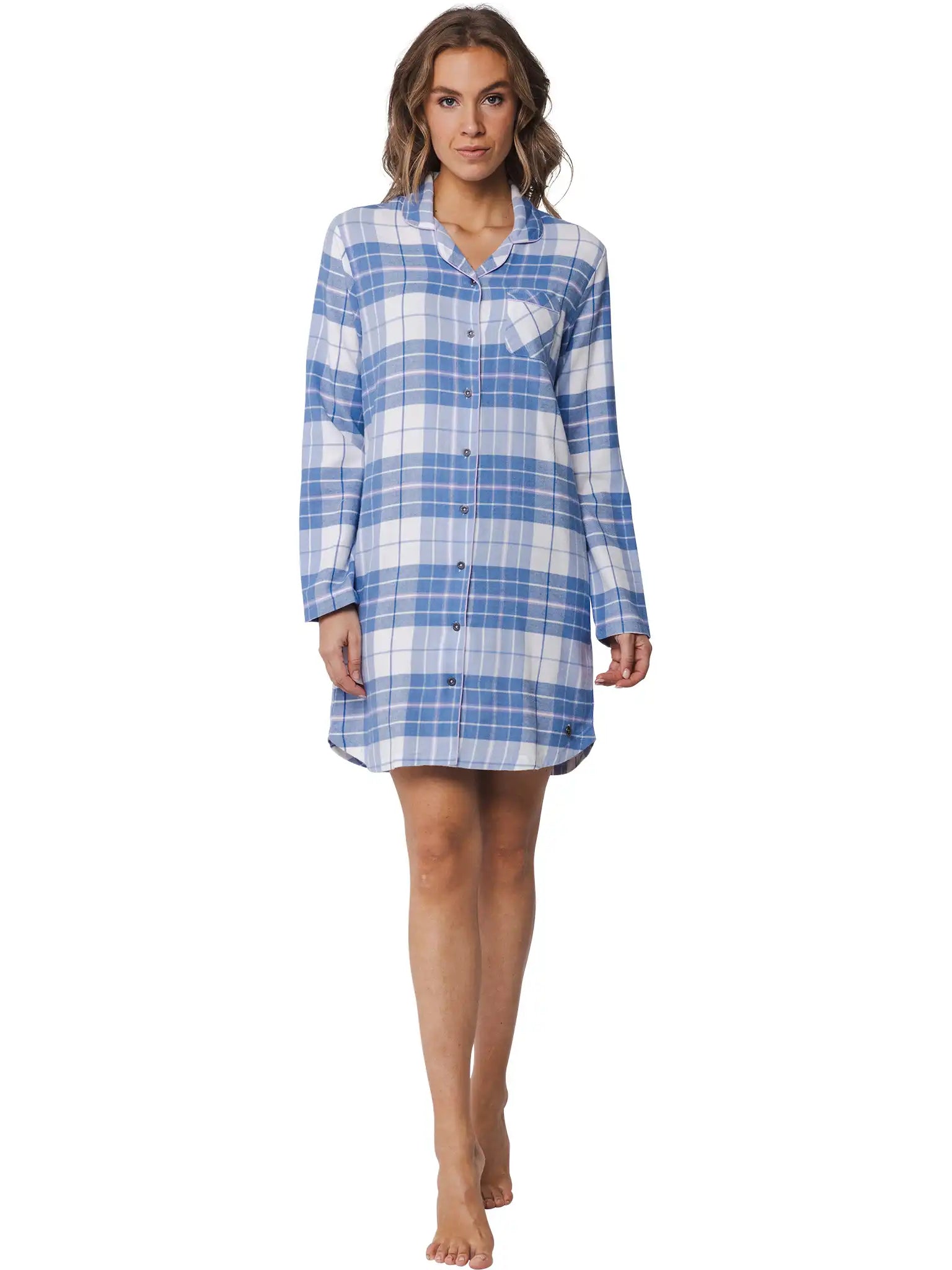 Sliponline Rebelle Flanellen dames nachthemd lange mouw - Blauw geruit