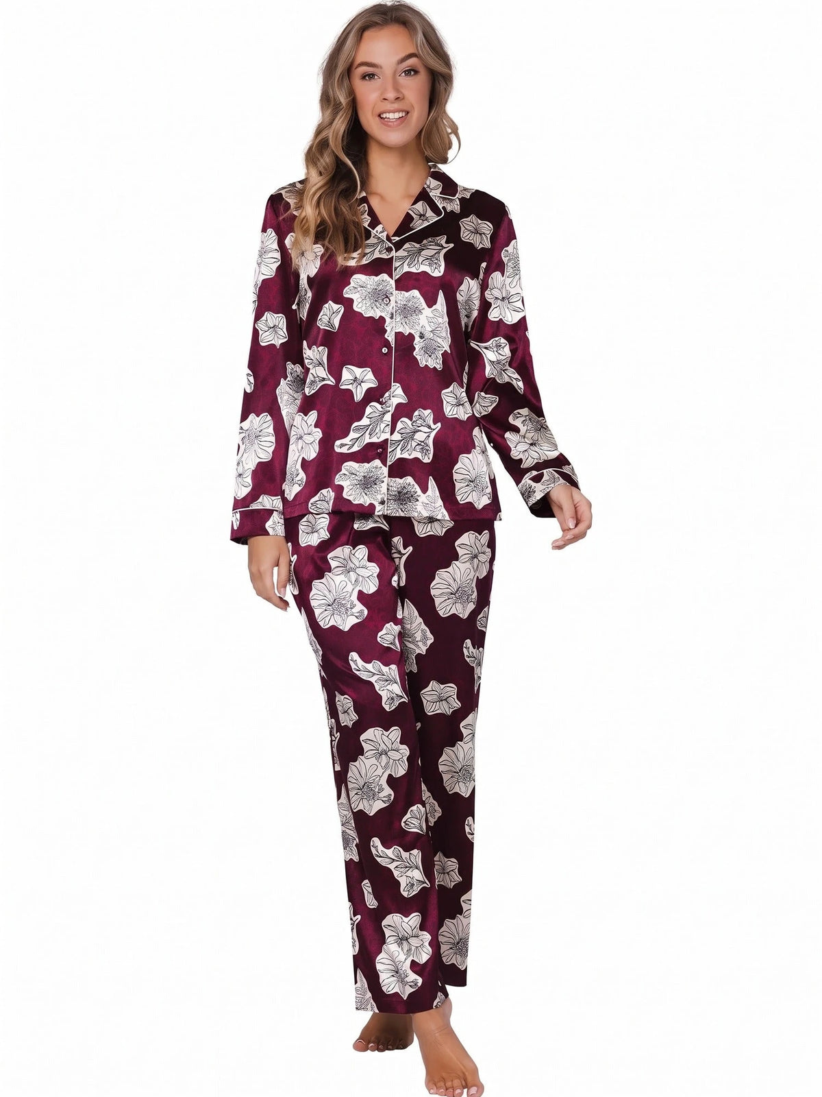 Zetex Pastunette Dames Pyjama Satijn - Lange mouwen - Burgundy