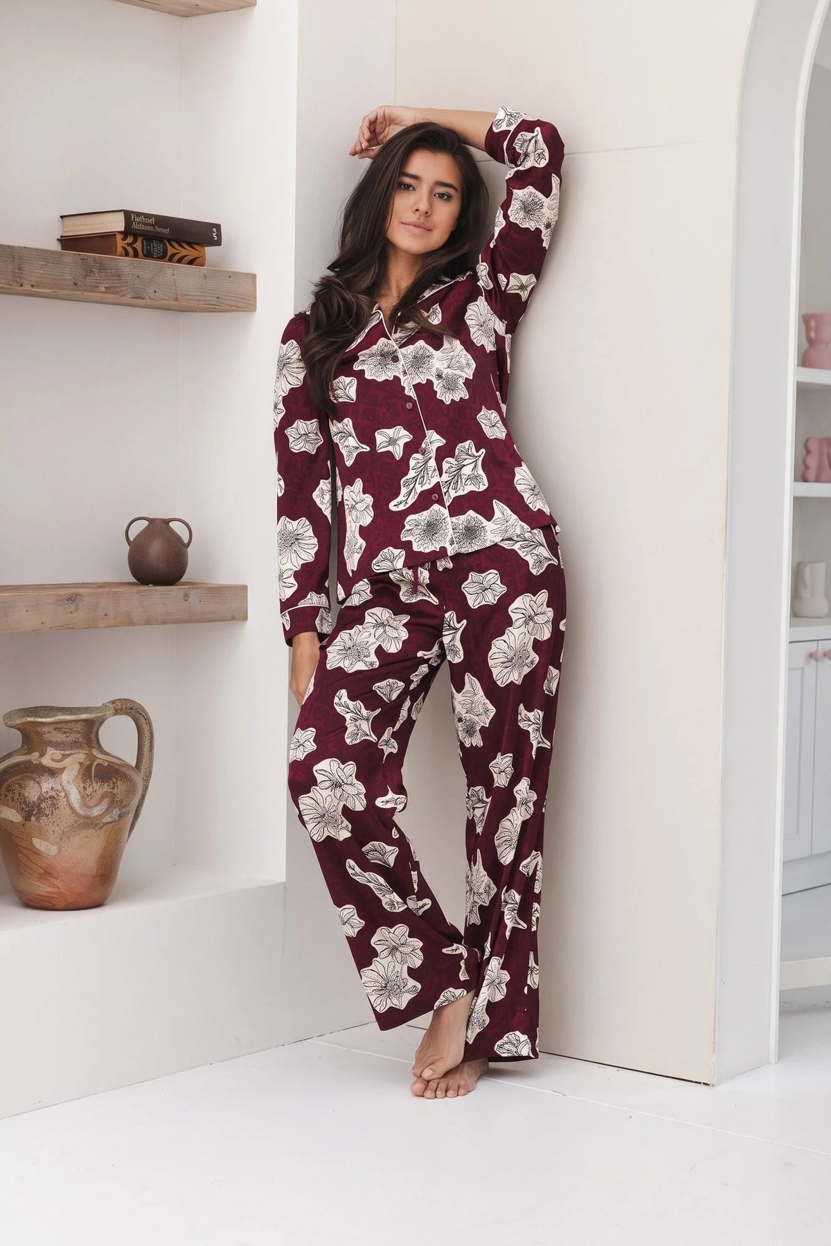 Zetex Pastunette Dames Pyjama Satijn - Lange mouwen - Burgundy