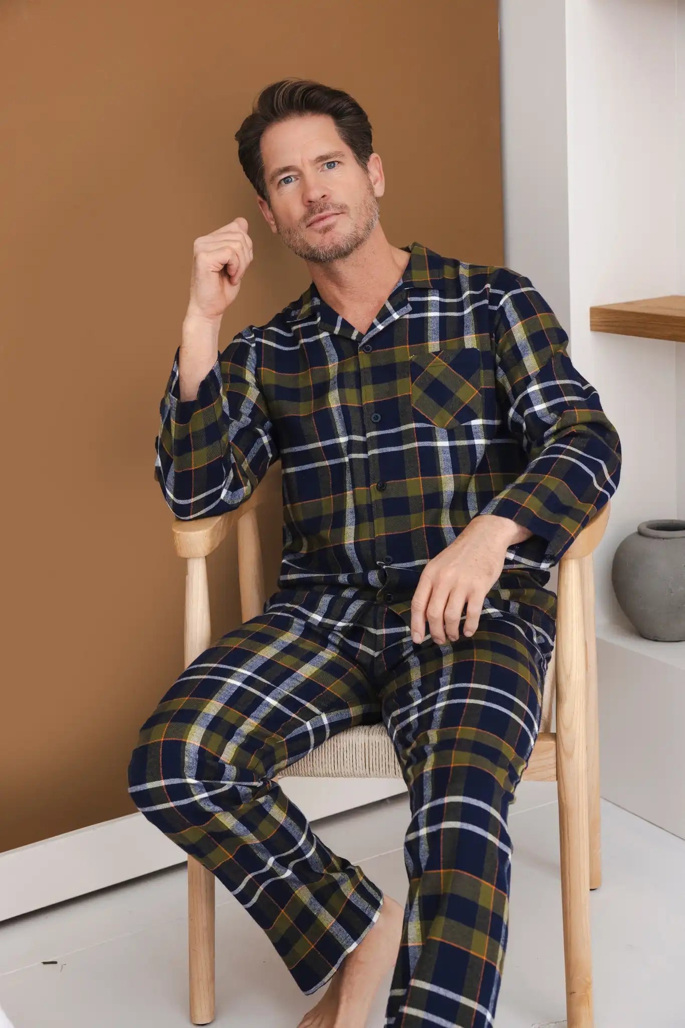 Zetex Pastunette Flanellen Heren Pyjama met knoopsluiting - Donkerblauw