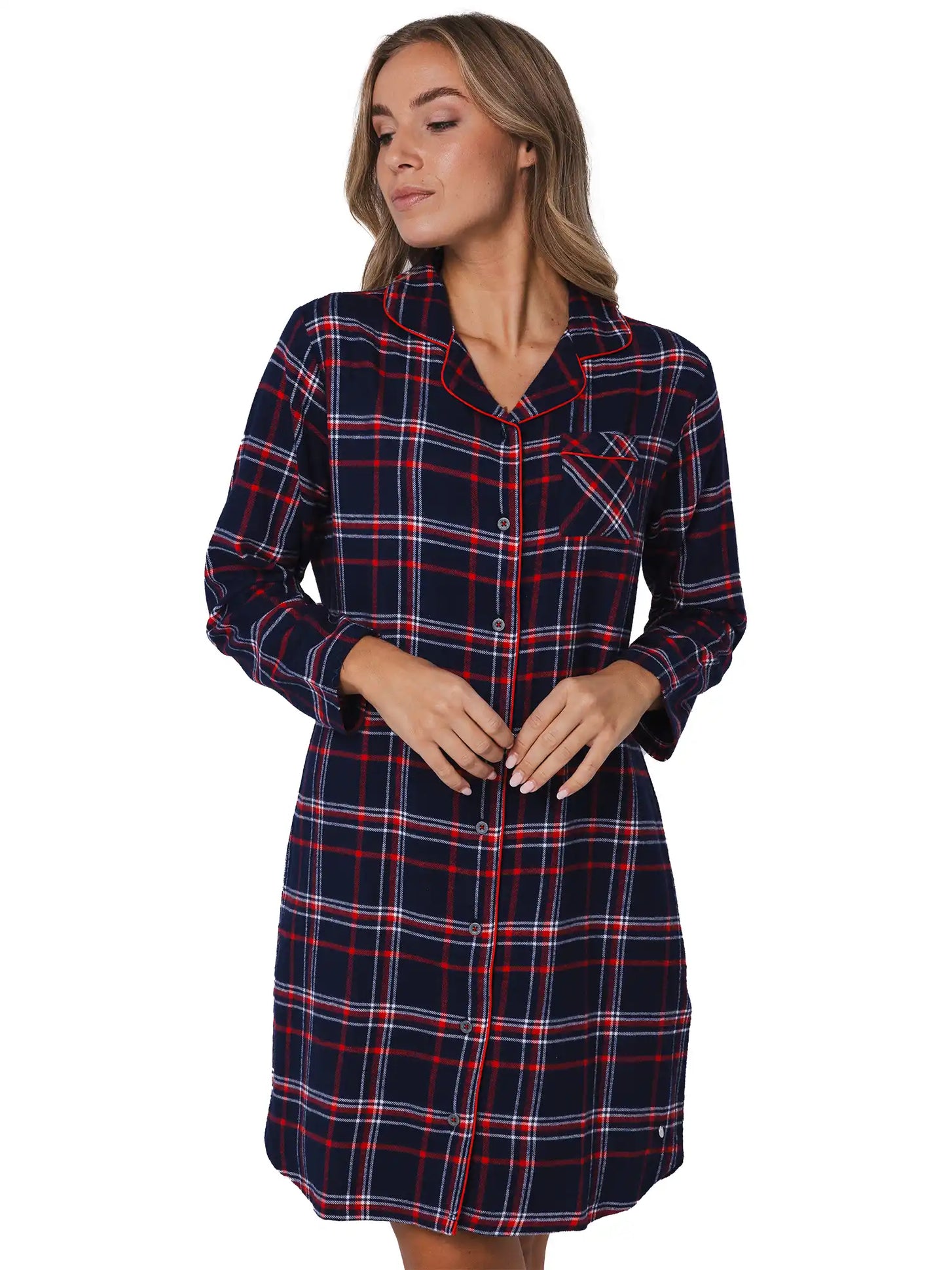 Zetex Rebelle dames nachthemd Flanel met knoopsluiting- Donkerblauw