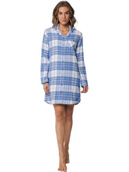 Zetex Rebelle Flanellen dames nachthemd lange mouw - Blauw geruit